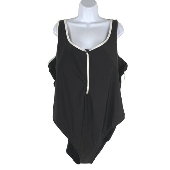 Old Navy One Piece Swimsuit 3X Black White Trim 1/2 Zip Solid  NWT SW-1887 - Picture 1 of 10